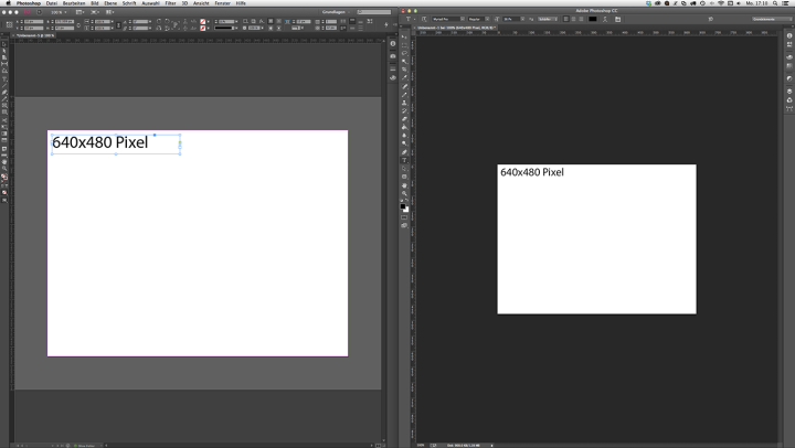 InDesign (links) stellt in der 100% Ansicht alles grösser als Photoshop (rechts) dar.